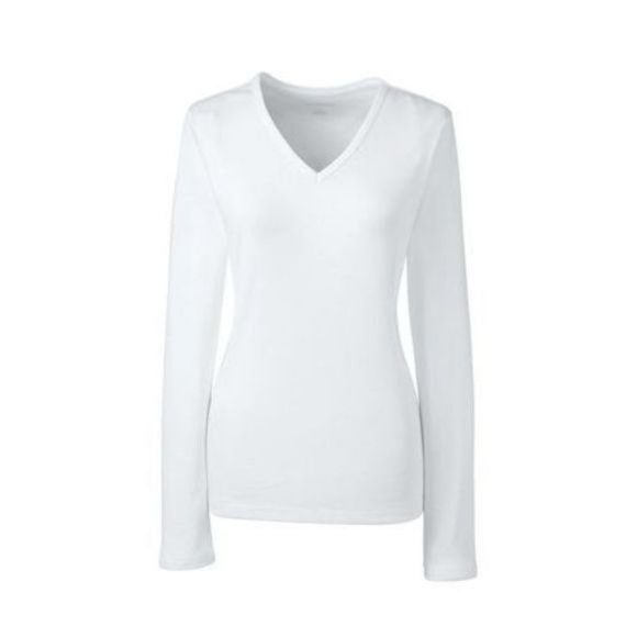 NWT LANDS' END WOMEN'S LONG SLEEVE SHAPED 1X1 RIB V-NECK TEE WHITE SMALL TALL - Picture 1 of 6